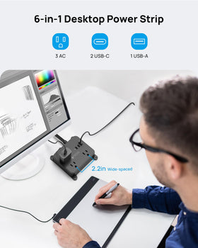 TROND detail of two USB‑C, one USB‑A and three AC outlets for versatility