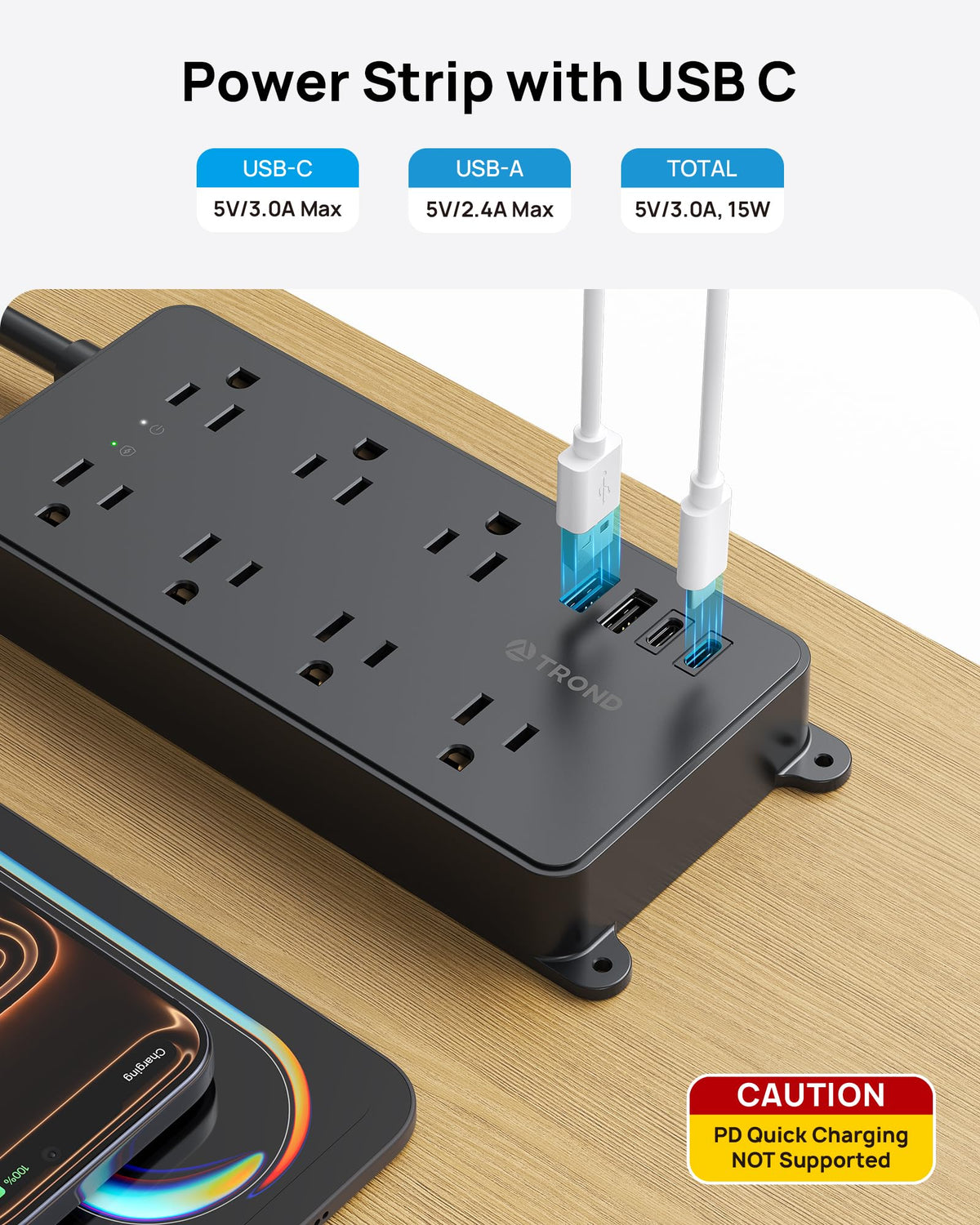 TROND USB-A and USB-C ports visible with labels for fast device charging convenience