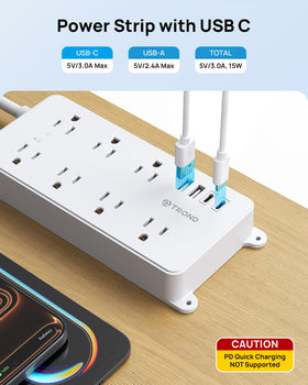 TROND top view of USB‑C, USB‑A ports and widely spaced AC outlets for bulky adapters