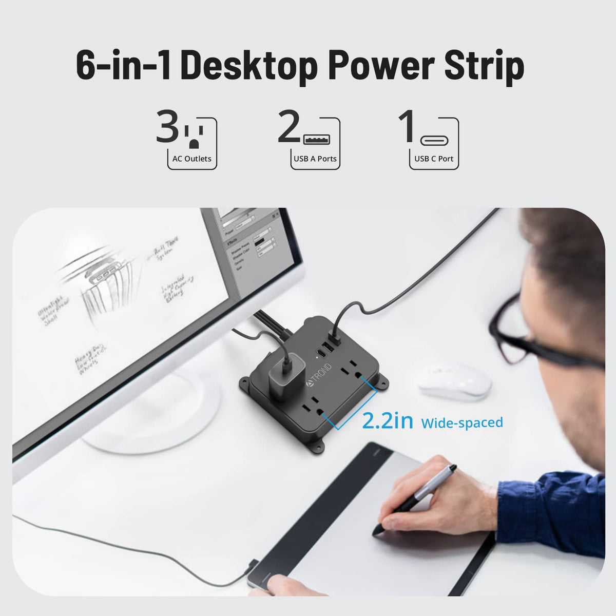 TROND USB-A USB-C ports and power switch detail for easy access