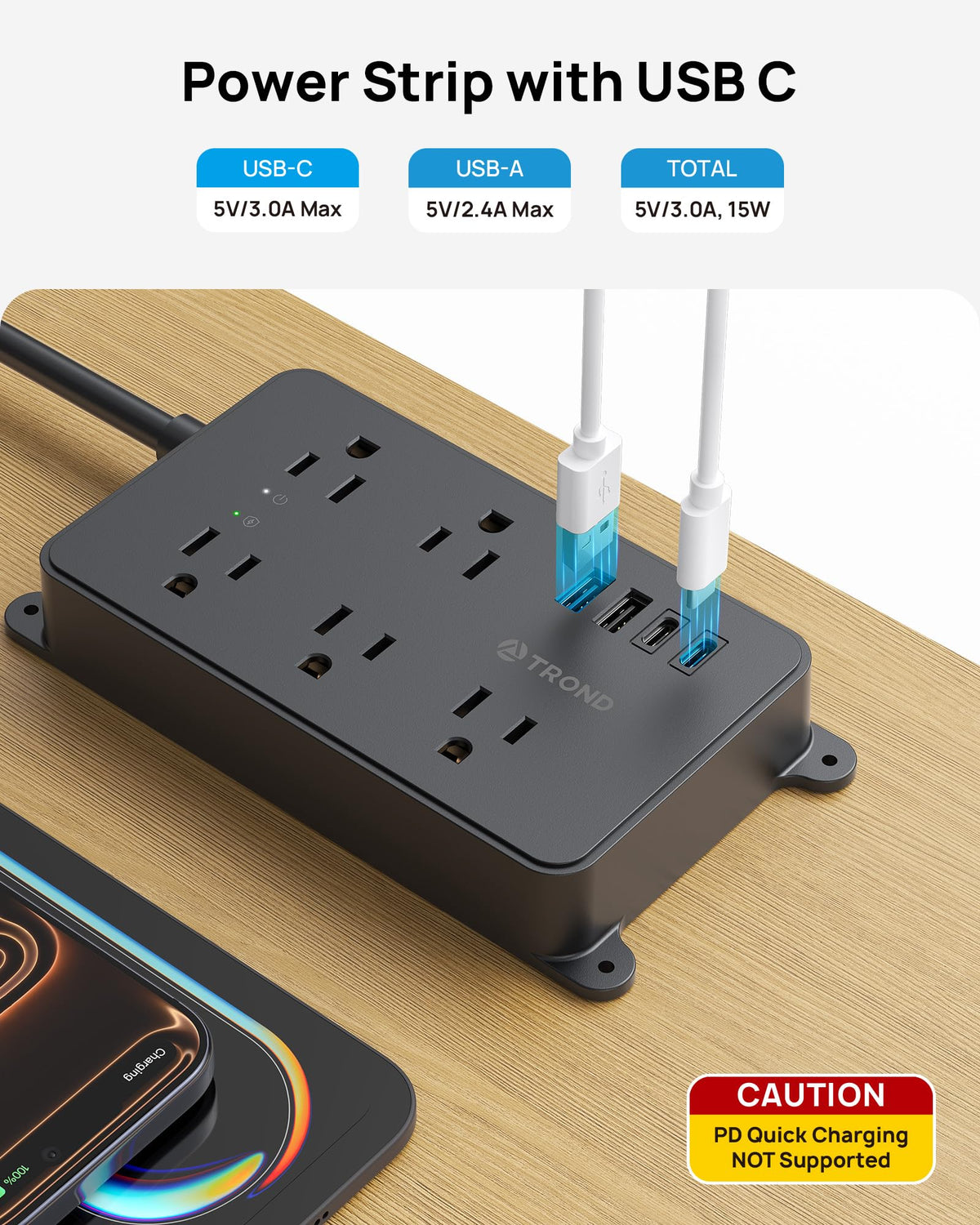 TROND USB port detail with USB-C and USB-A, fast device charging benefit