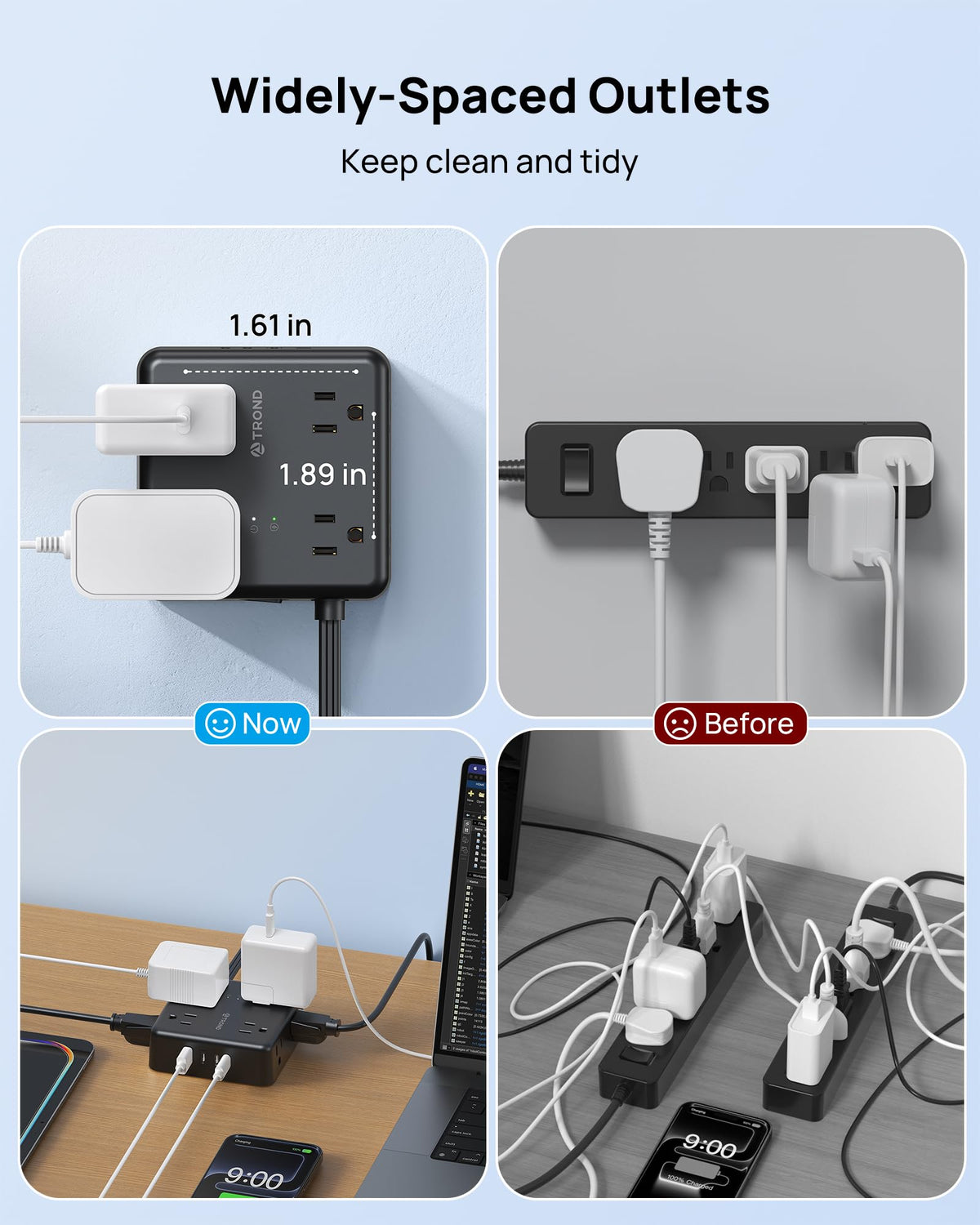 TROND power strip USB side panel showing 3 USB-C and 1 USB-A ports