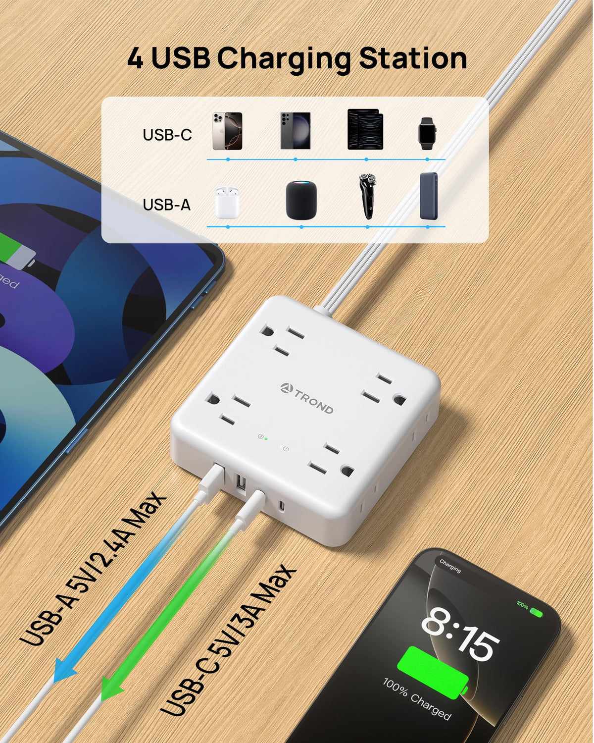 TROND wall-mount kit enables secure, accessible outlets on walls or furniture.
