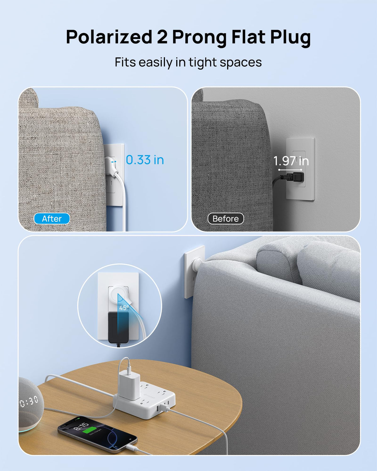 TROND wall-mount surge protector keeps desks tidy
