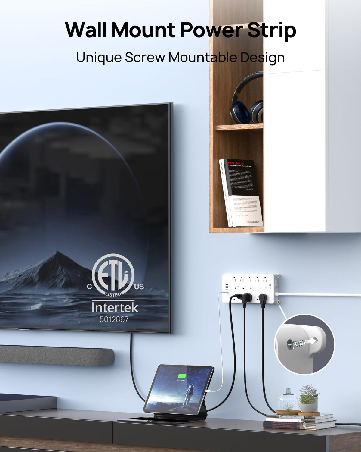 TROND mounted on wall behind TV to save space and organize cords