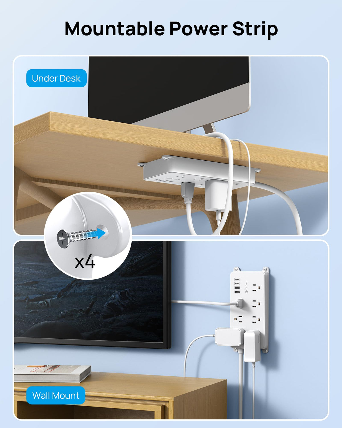 TROND mounted beneath TV, tidy power for entertainment setups and concealed wiring