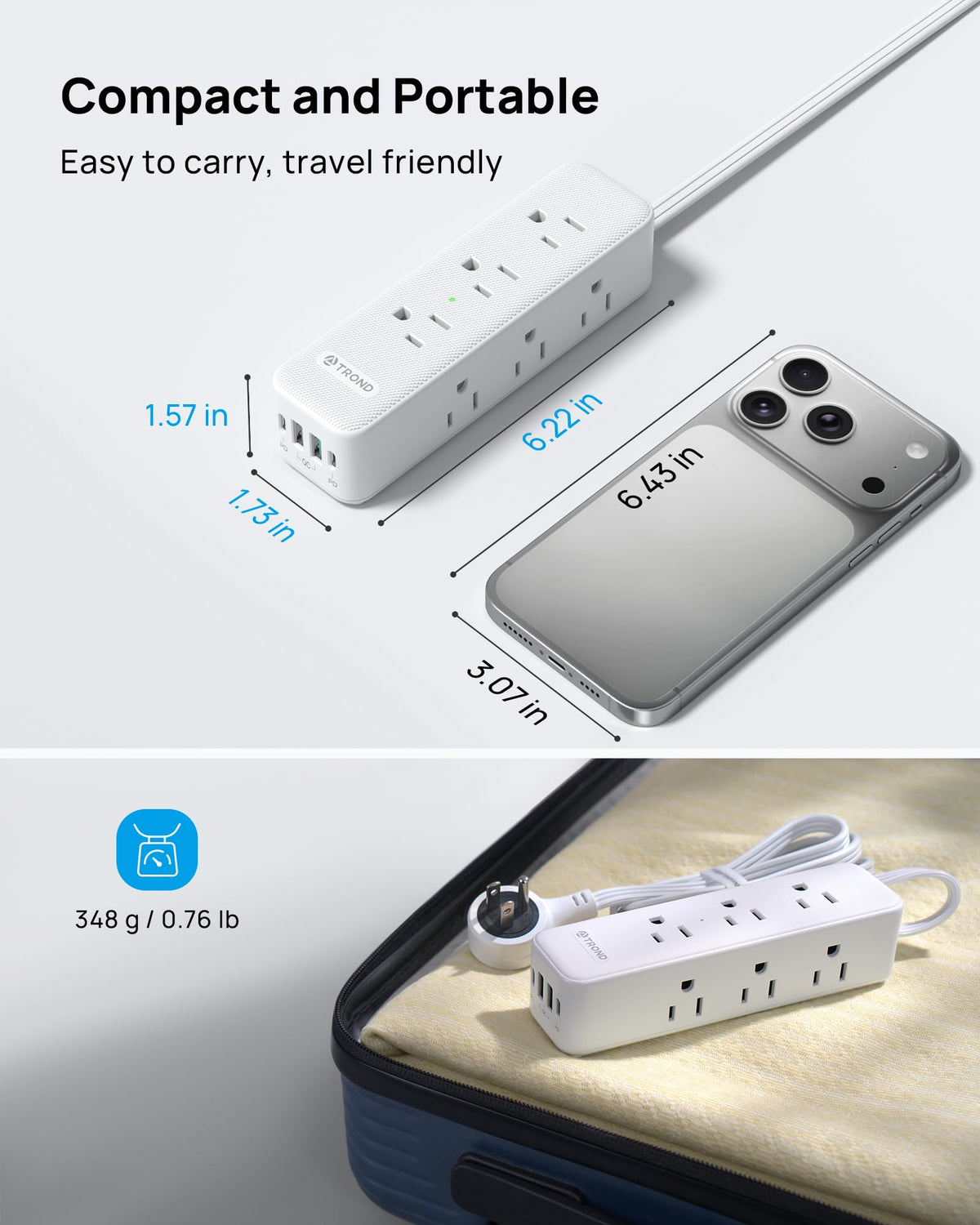 TROND wide-adapter-friendly outlets keep large plugs from blocking others.