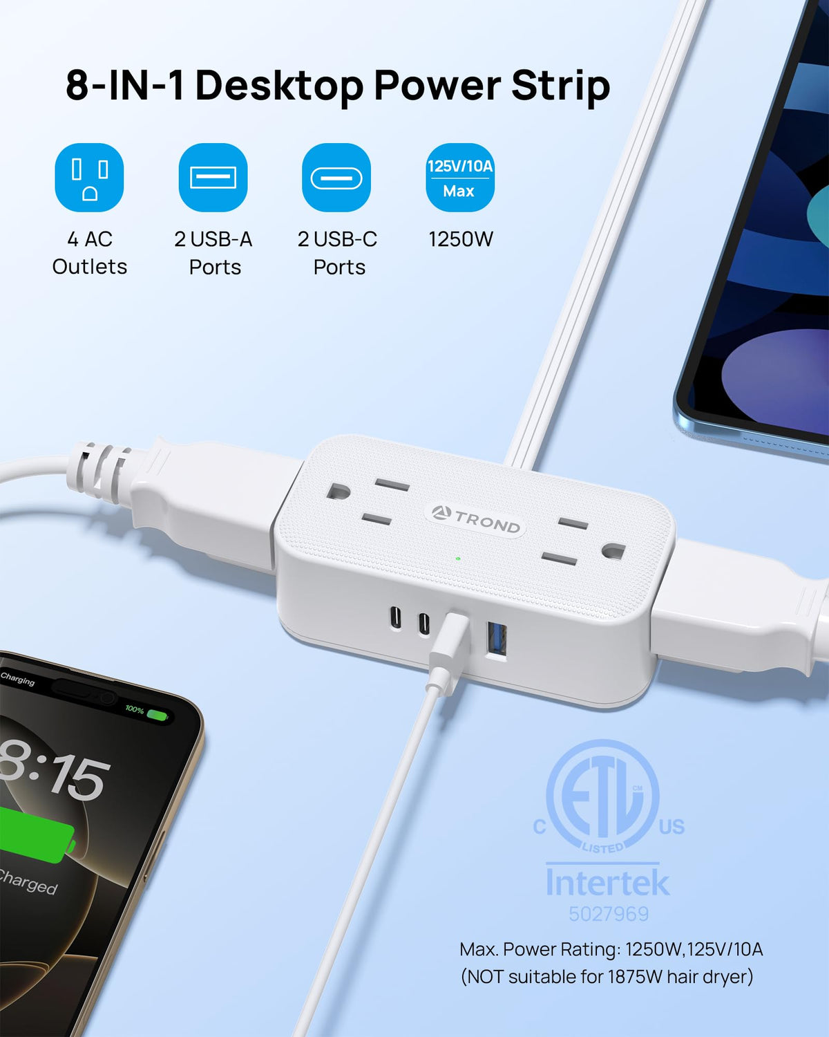 TROND wide spaced AC outlets on top, fits large power adapters