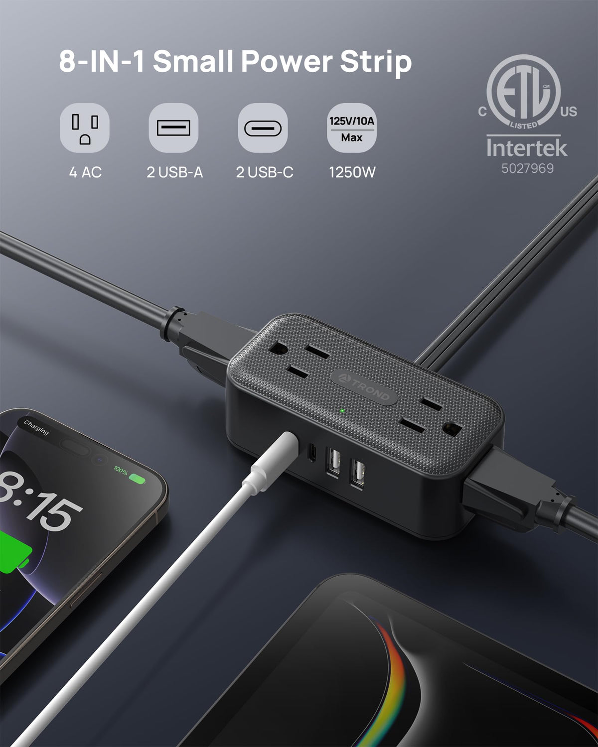 TROND wide-spaced outlets prevent crowding for larger adapters.