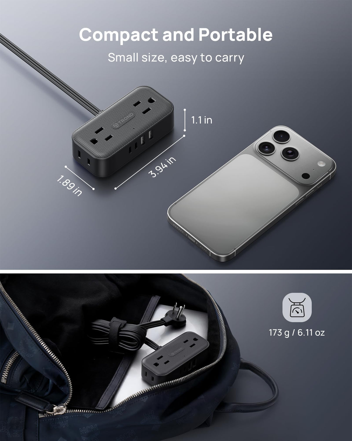 TROND power strip with widely spaced outlets to keep large adapters accessible.