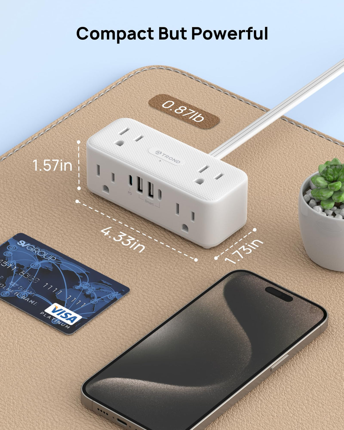 TROND wide-spaced outlets accommodate bulky adapters without crowding
