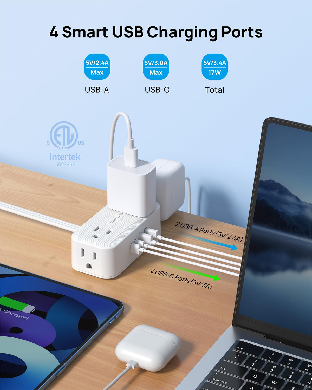 TROND four wide-spaced outlets prevent bulky adapters from crowding