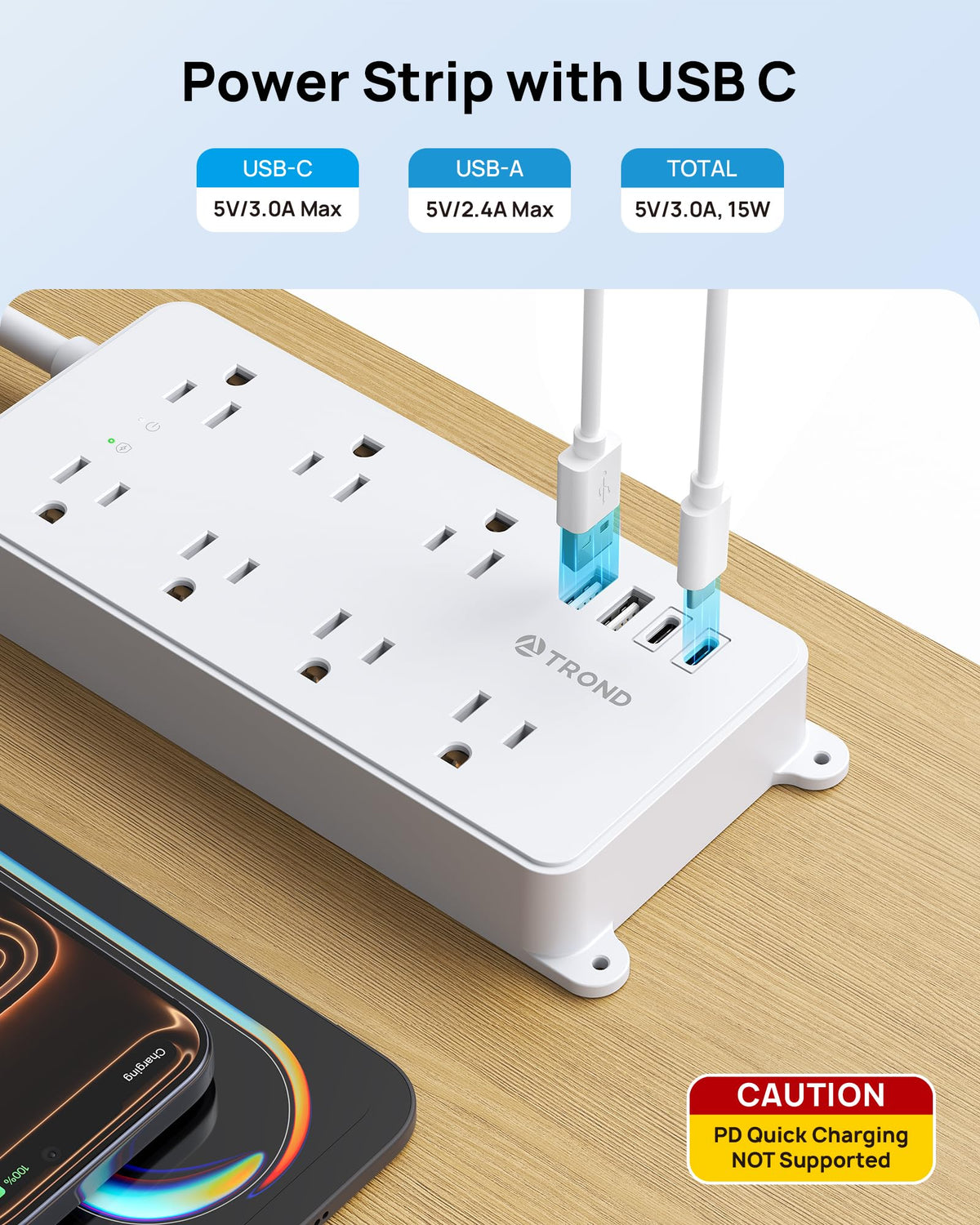 TROND outlet spacing detail with large adapters plugged in without blocking adjacent sockets