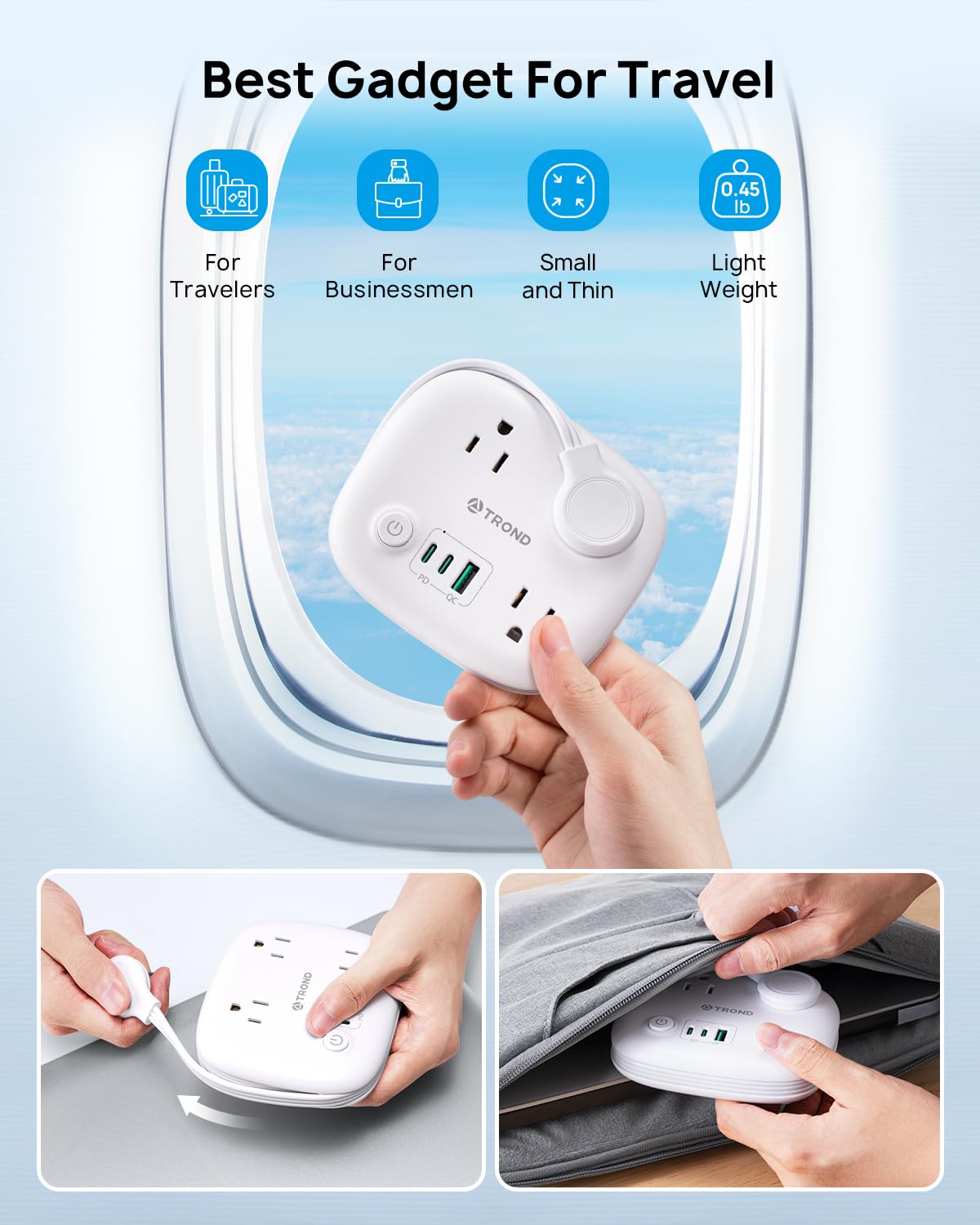 TROND wrap-around cord extends reach and stores neatly in luggage.