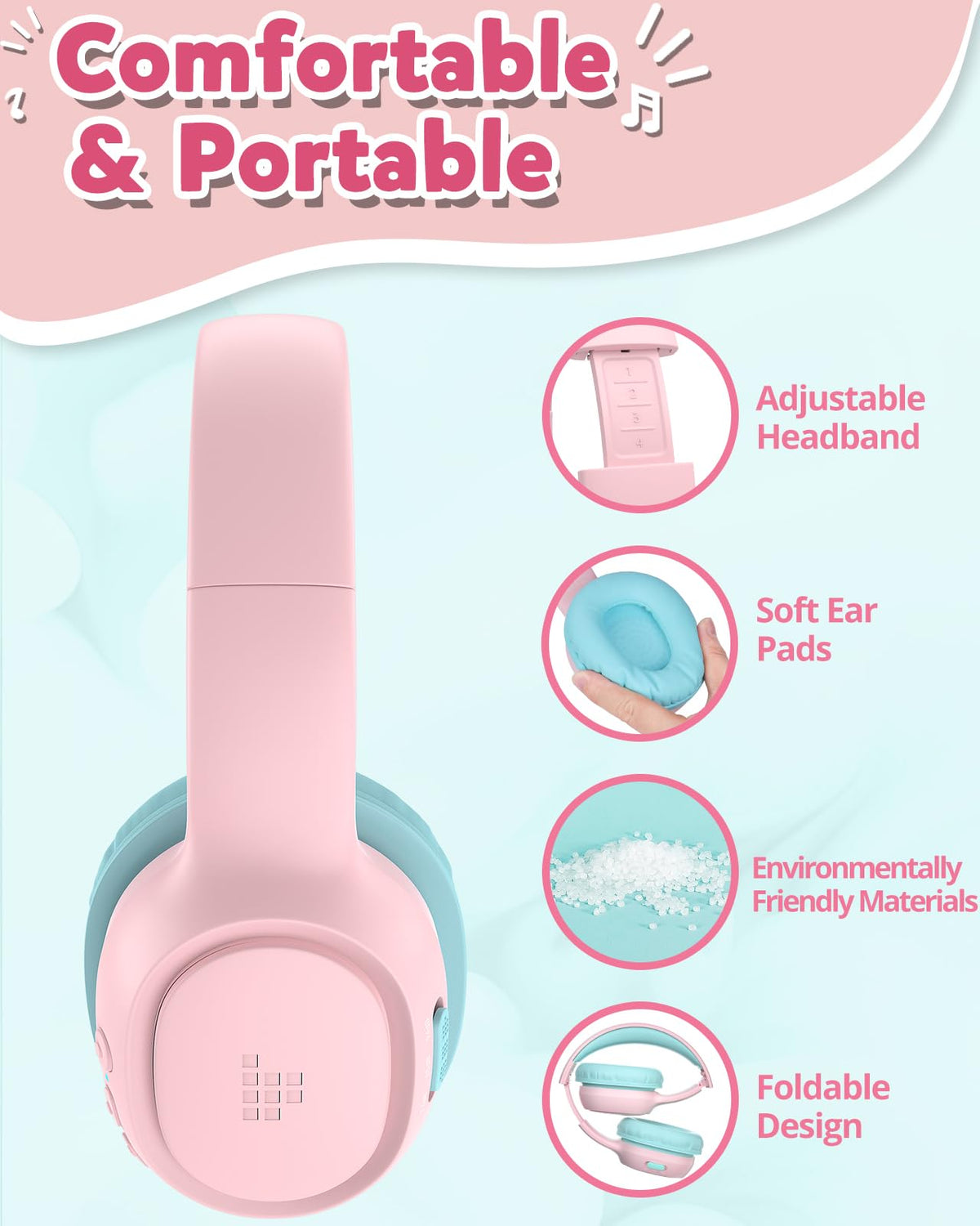 KH02 adjustable headband with four size settings fits growing heads.
