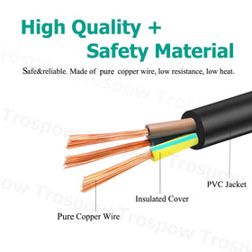 Trospow NEMA 5-15P plug with cable laid out to show 8.2ft reach benefit
