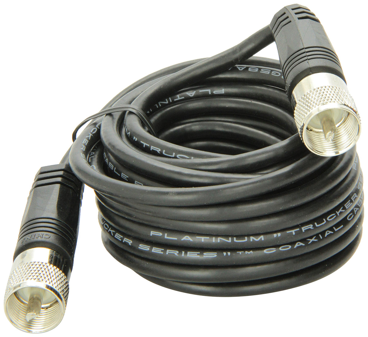 TruckSpec 18' coax with PL-259 connectors showing secure fit and weather protection