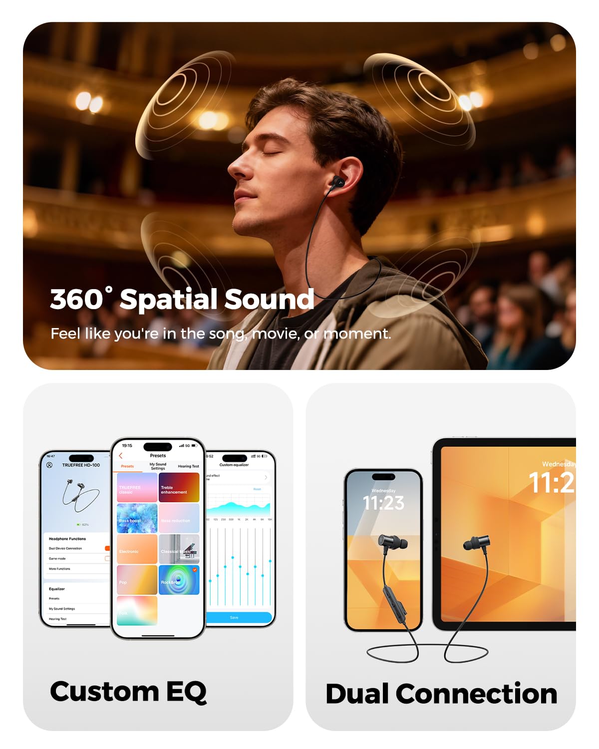 truefree earbuds next to phone for scale, compact and portable