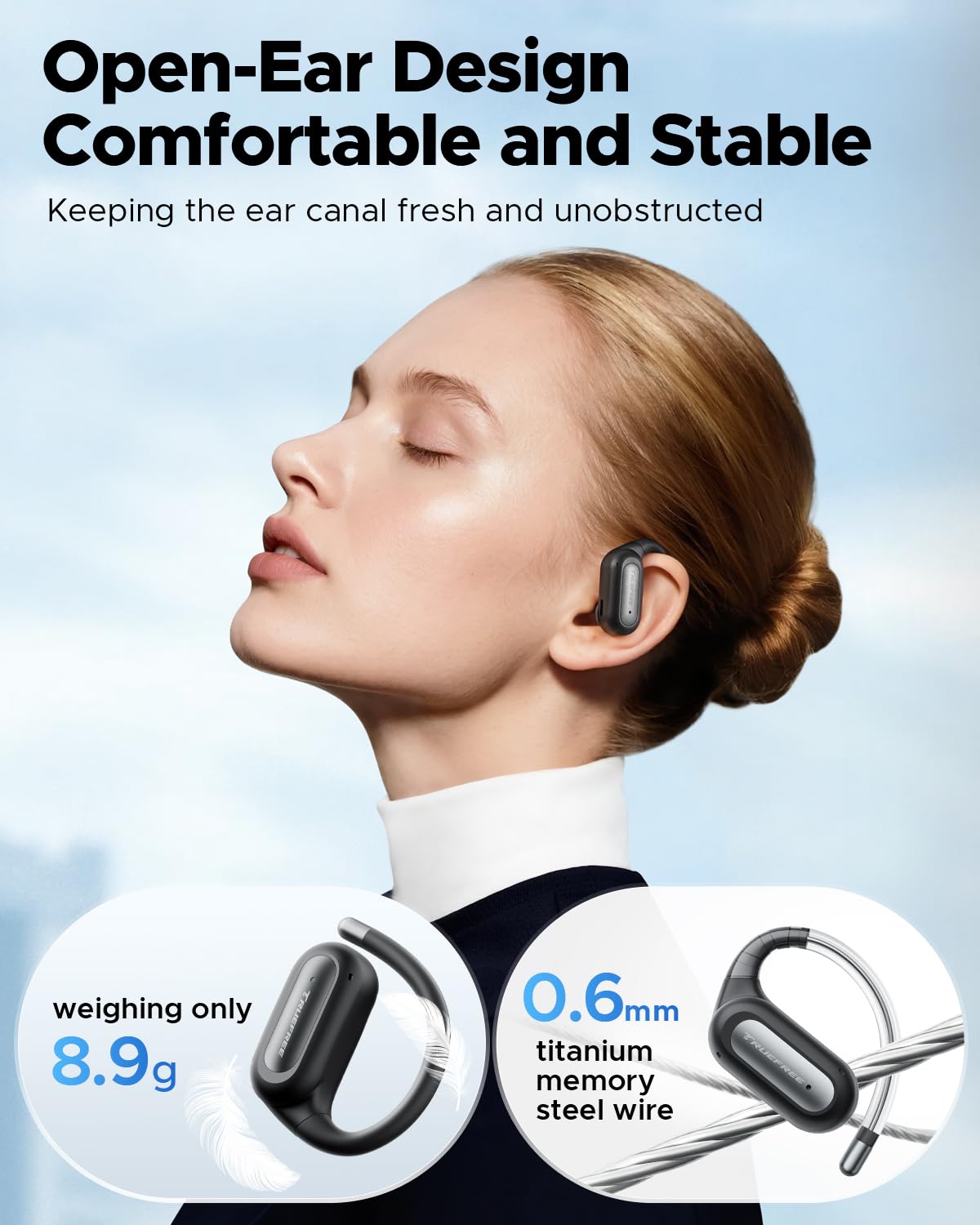 truefree side profile of earbuds on table highlighting slim design and fit