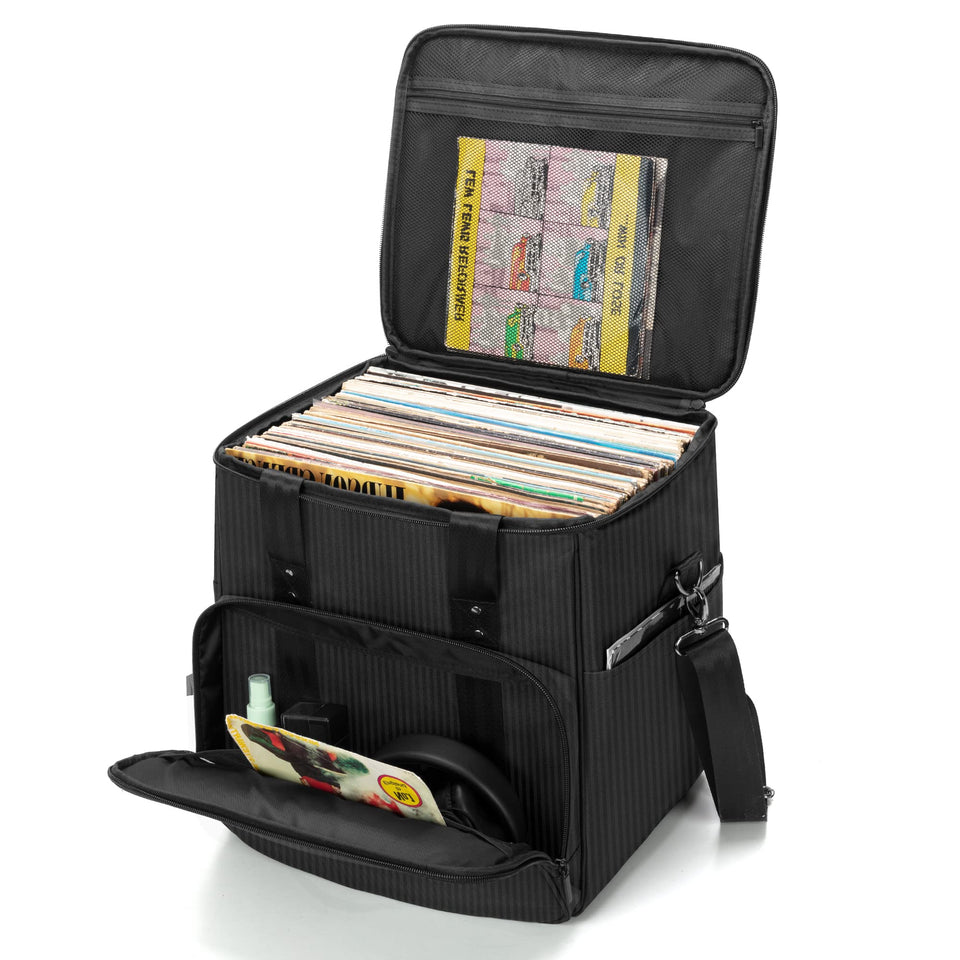 Trunab front view closed showing water-resistant nylon and secure zipper, protects records