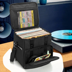 Trunab bag on suitcase in travel setting, simplifies moving records between locations