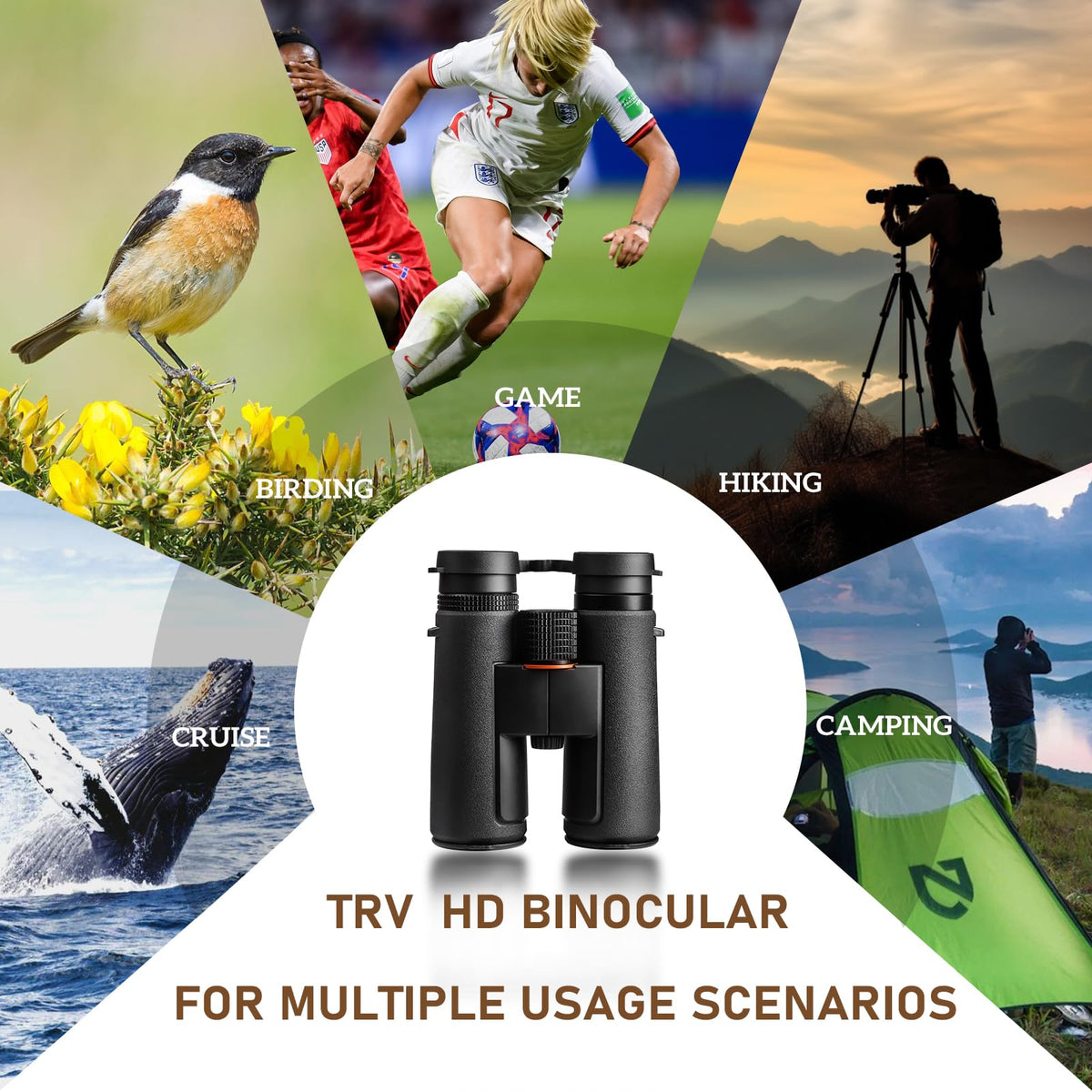 TRV binoculars IPX7 waterproof and fogproof for all-weather use.