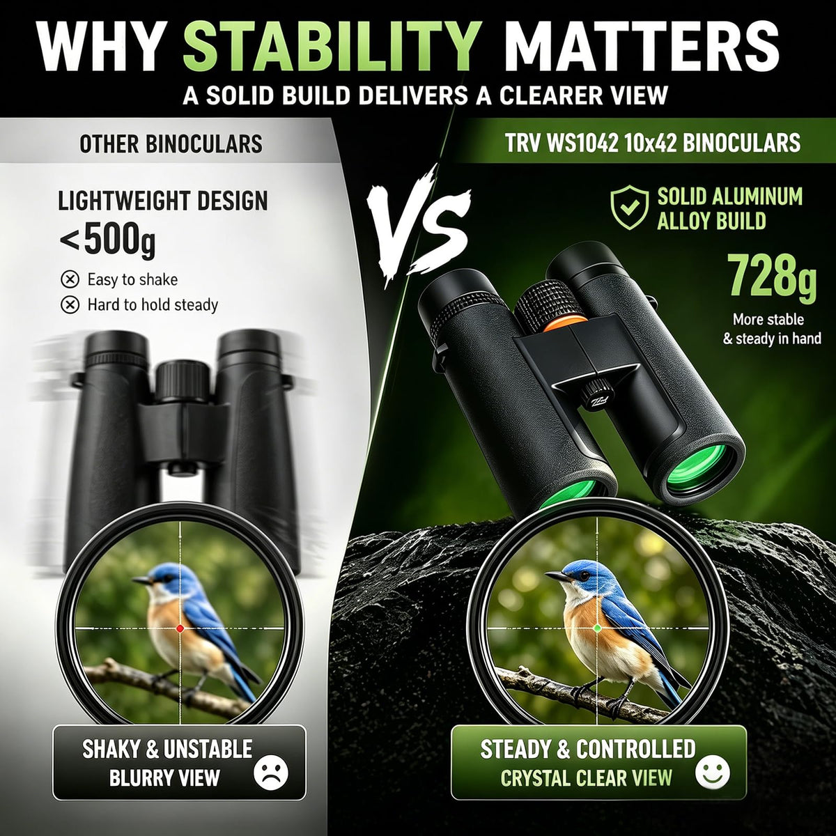 TRV binoculars rugged rubber-armored exterior improves grip and durability.