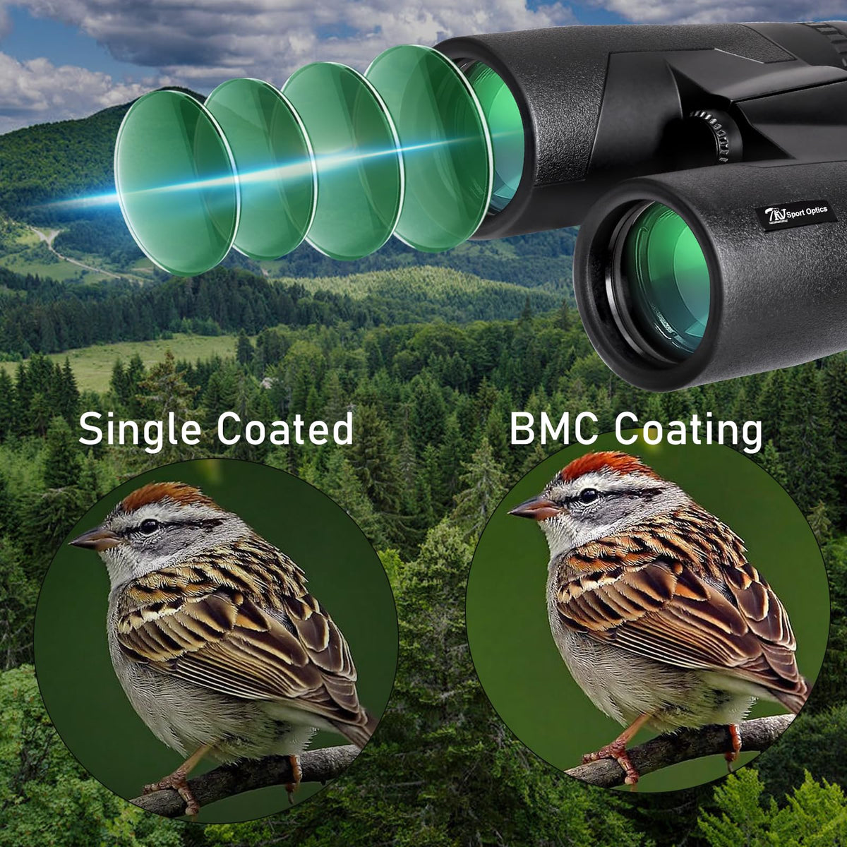 TRV binoculars in hand illustrating lightweight 485g design for travel comfort