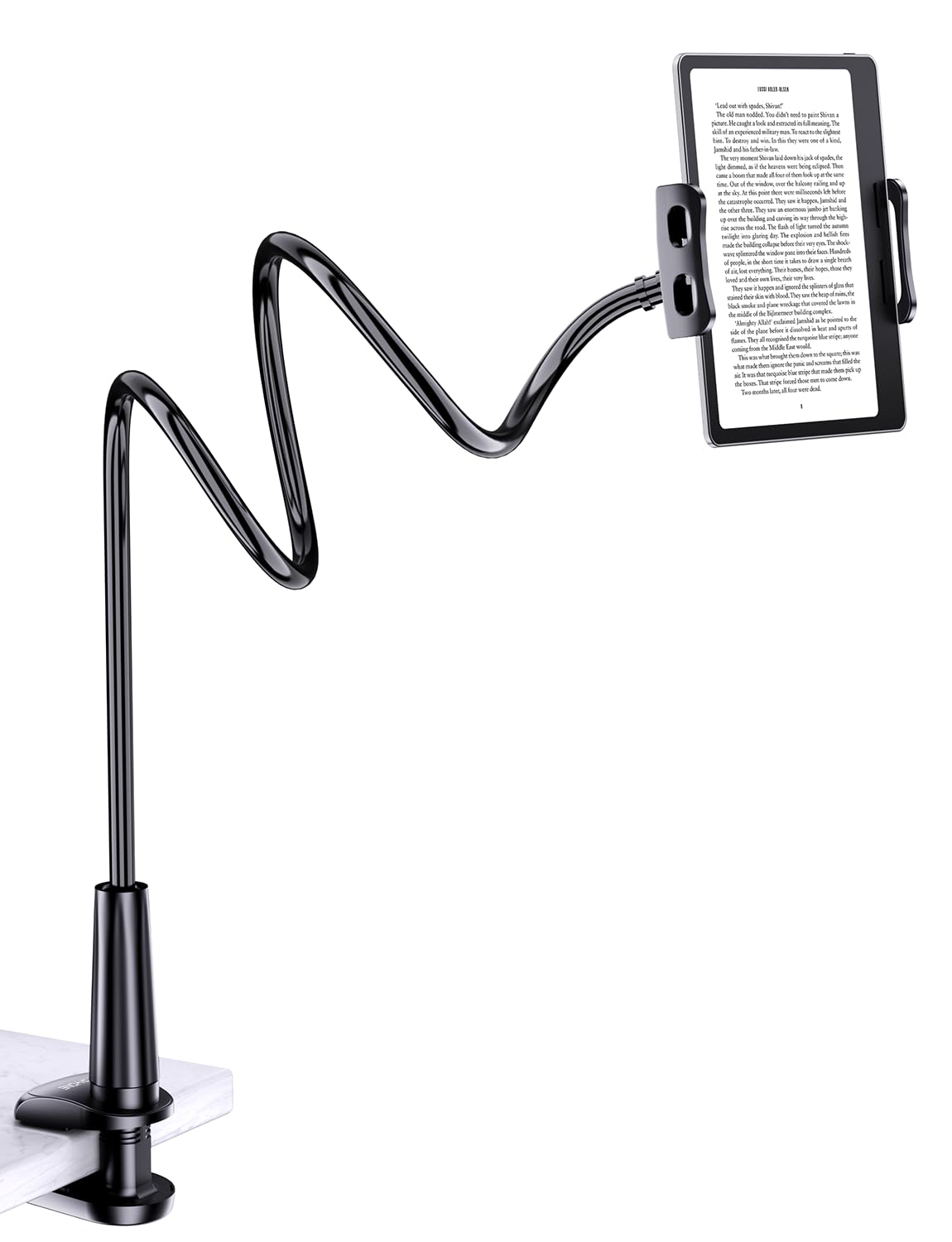 Tryone gooseneck holder on bed with flexible arm for hands free reading