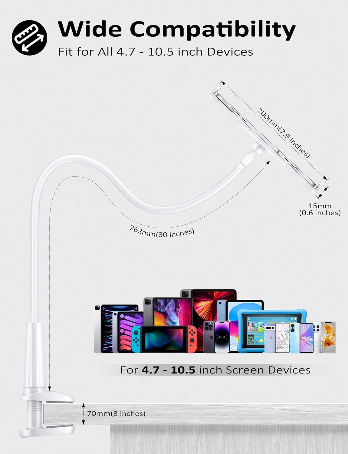 Tryone gooseneck ideal for reading, streaming, or video calls in bed