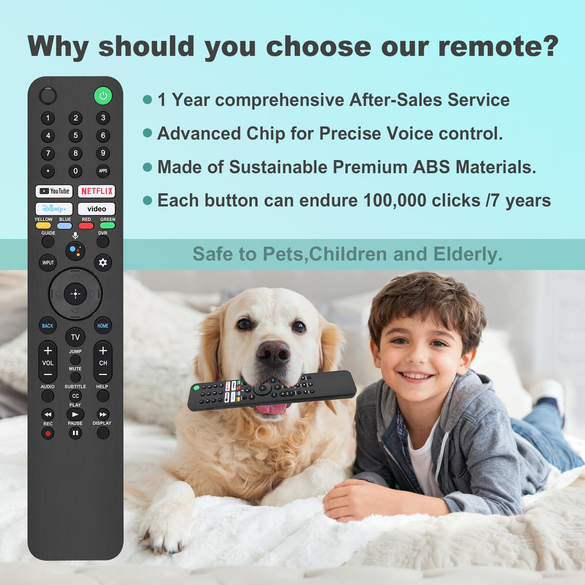 Remote with shortcut buttons for YouTube, Netflix, Disney Plus, Prime Video.