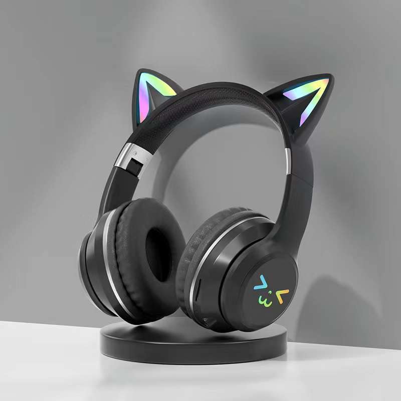 TSKVT cat ear headphones for kids with LED lights over-ear and vibrant glow
