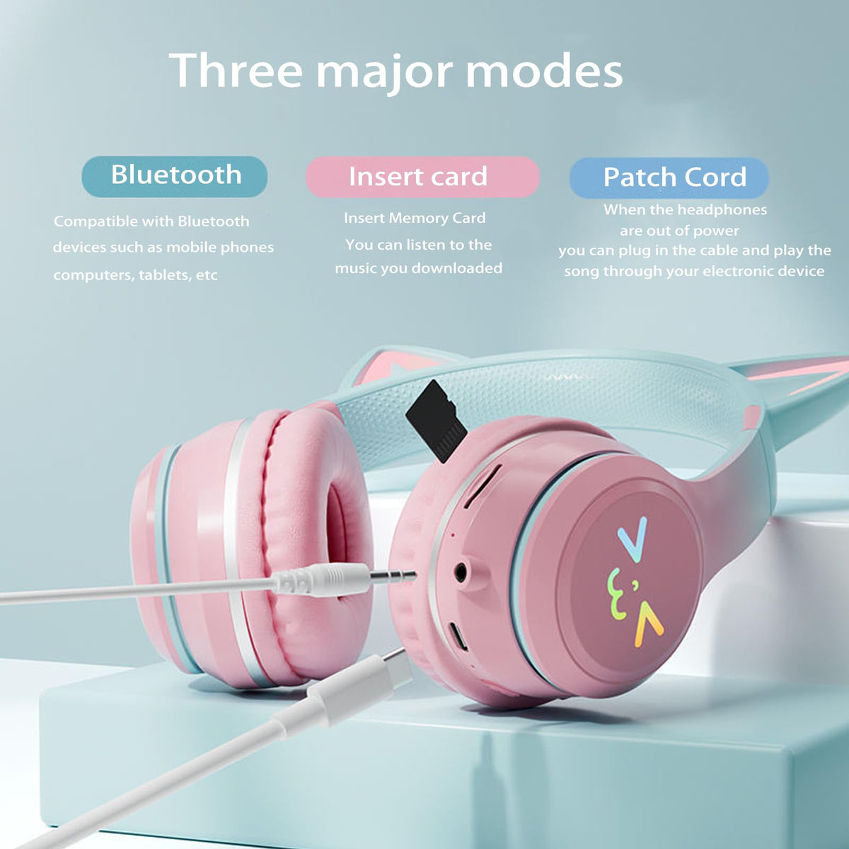 TSKVT cat ear headphones showing built-in microphone for calls