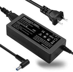 TSKYBEAR 65W blue-tip laptop charger close-up, portable power for HP notebooks.
