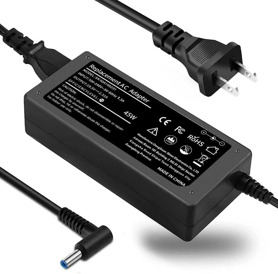 TSKYBEAR 65W blue-tip laptop charger close-up, portable power for HP notebooks.
