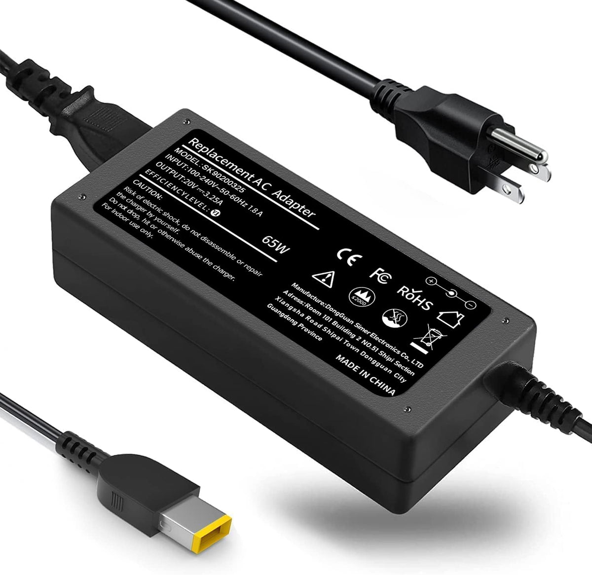 TSKYBEAR 65W laptop charger front view, compact design for ThinkPad users.