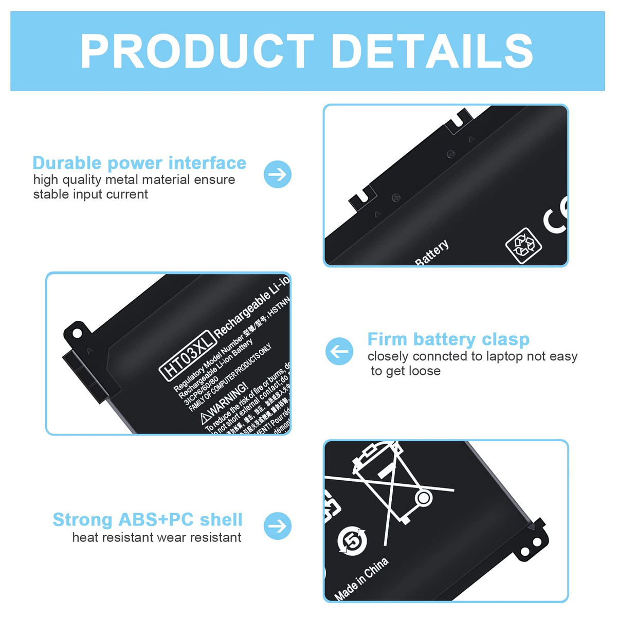 TSKYBEAR HT03XL battery packaging for safe replacement of HP laptops.