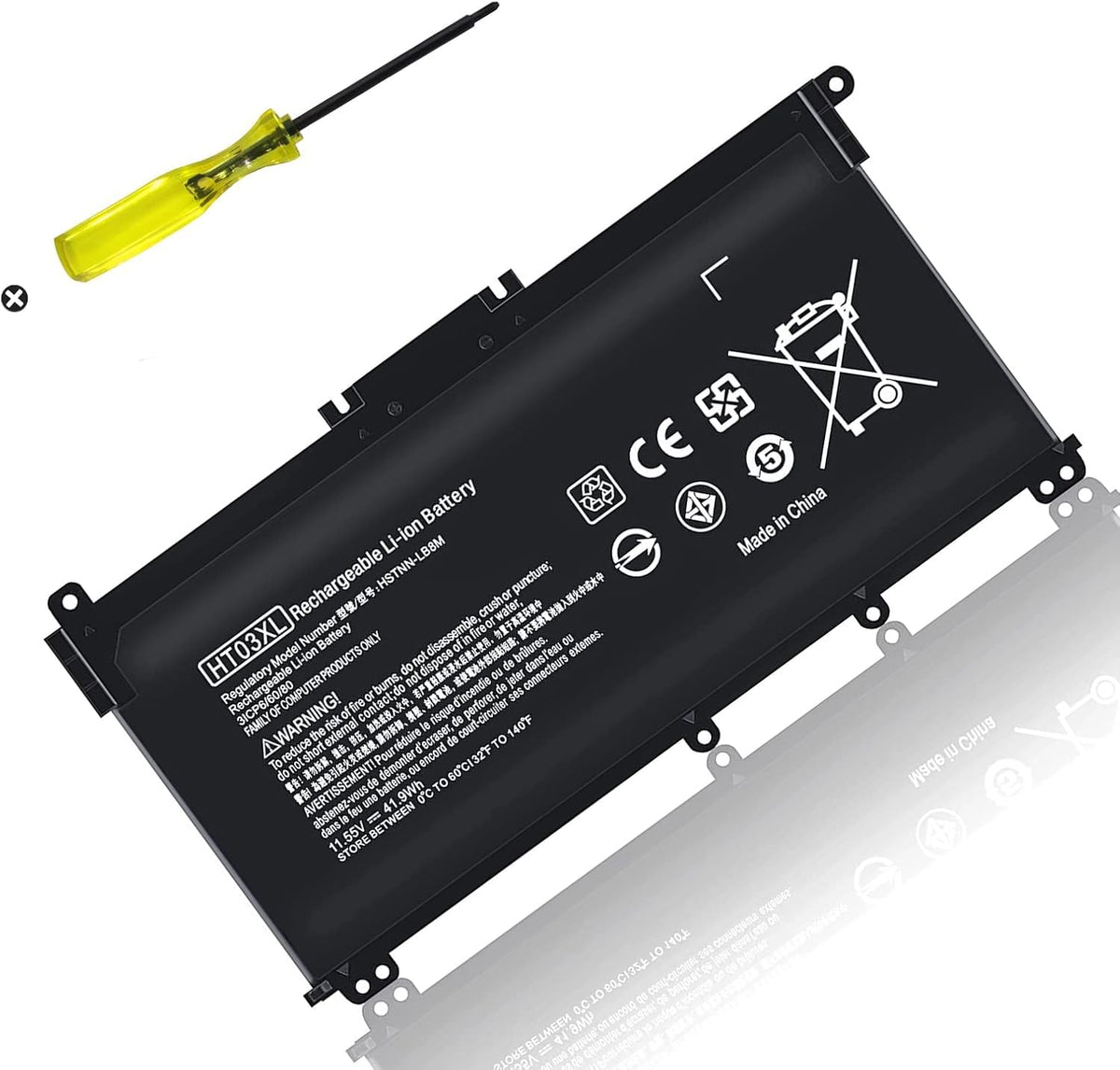 TSKYBEAR HT03XL battery top view for HP Pavilion laptops, extended unplugged use.