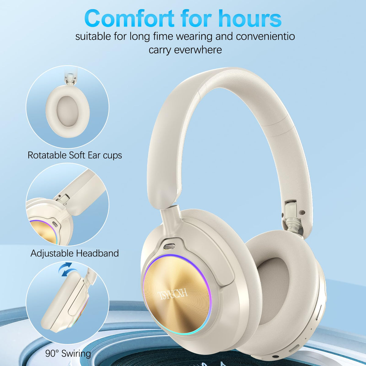 TSYUCXH beige headphones with long battery for all-day listening sessions