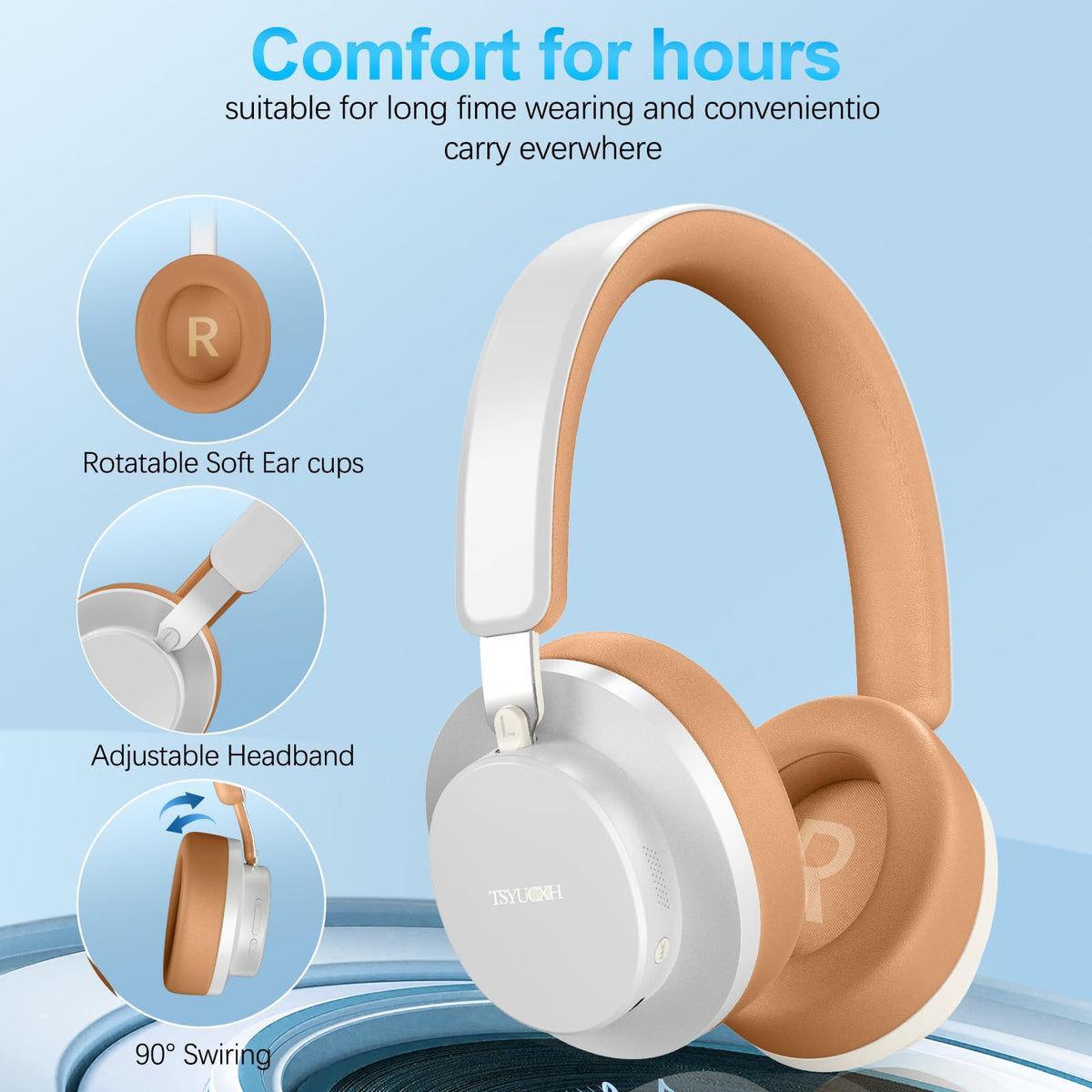 TSYUCXH over-ear headphones close-up ear cushions emphasizing all-day comfort.