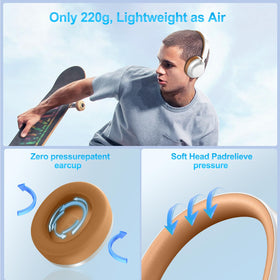 TSYUCXH over-ear headphones on head showcasing ANC for quiet commuting.