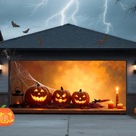 TTCHANG front view of full 16x7ft pumpkin garage cover showing bold seasonal curb appeal