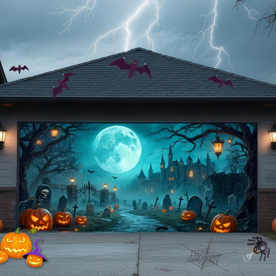 TTCHANG front view garage door banner showing haunted cemetery scene and curb appeal