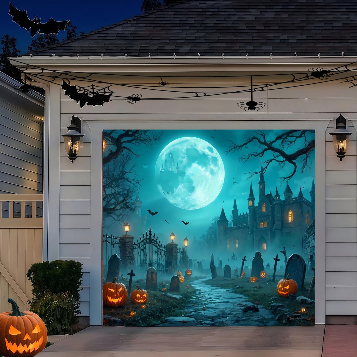 TTCHANG Halloween garage door banner front view, ideal for a dramatic outdoor haunt.