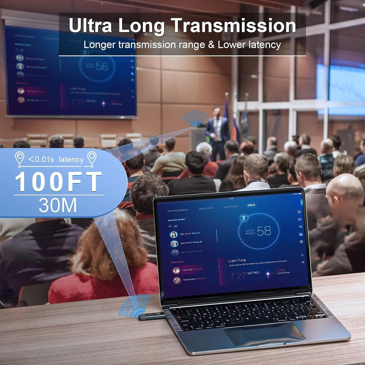 TTQ connected to laptop and projector demonstrating plug-and-play streaming advantage
