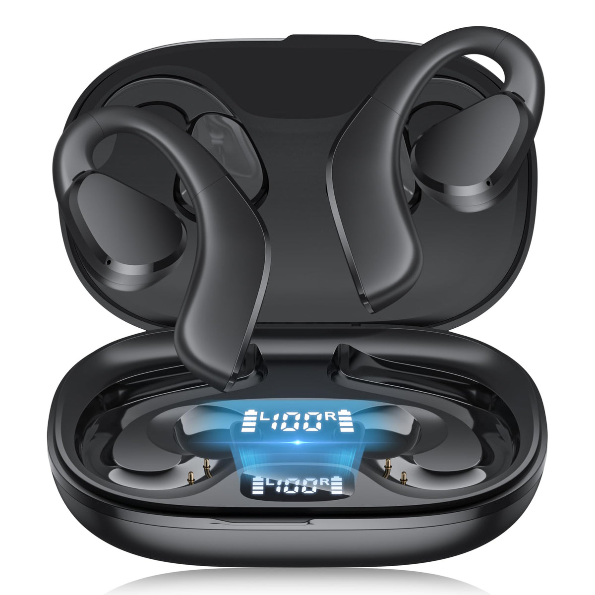 TTQ Open Ear Headphones with LED display shows battery status for easy charging.