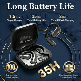 Tuemvia open ear headphones 35h battery life in the charging case.