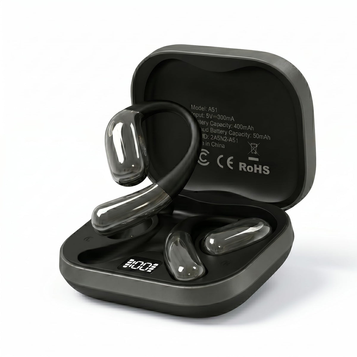 Tuemvia open ear headphones with LED display for quick battery checks.