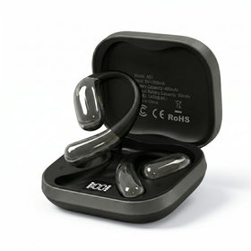 Tuemvia open ear headphones with LED display for quick battery checks.