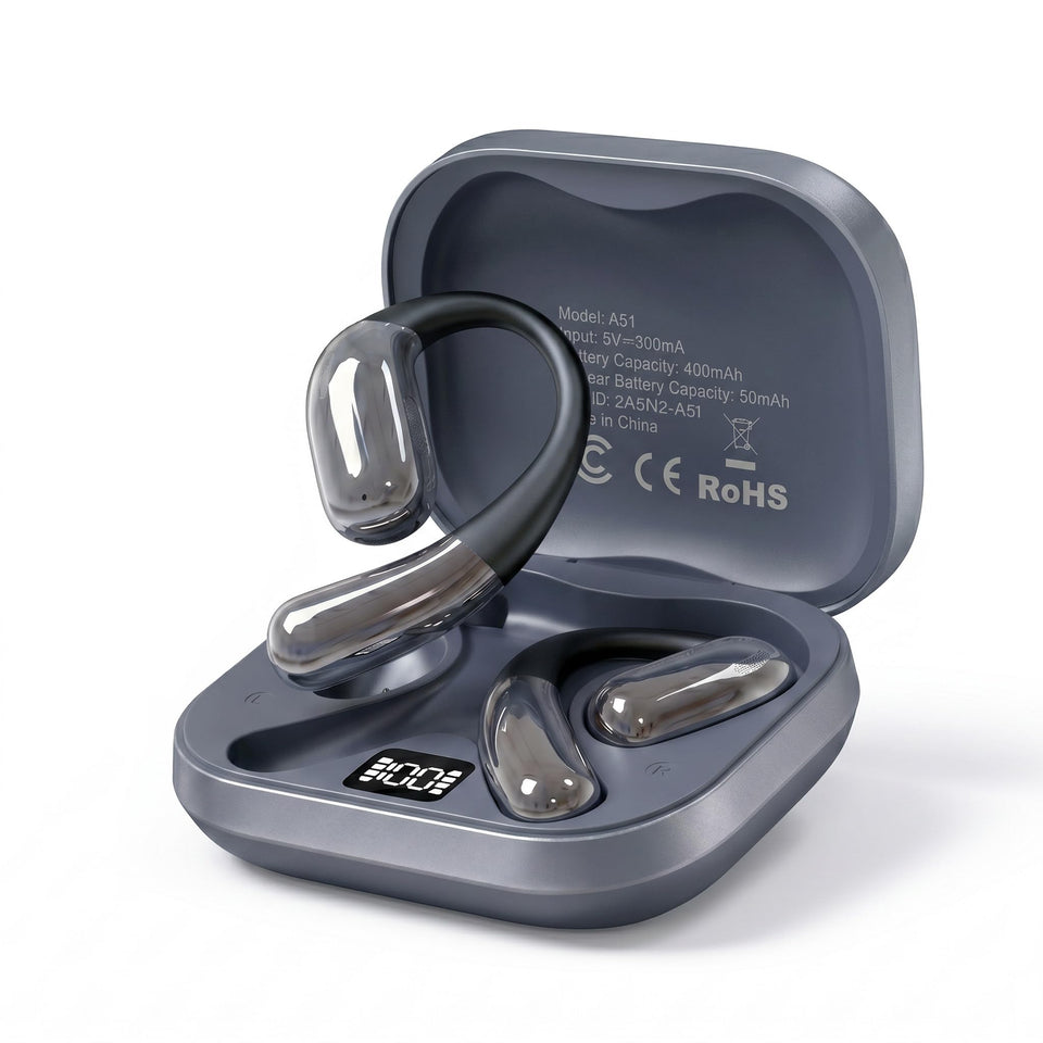 Tuemvia open-ear headphones with LED display show battery life for easy planning.
